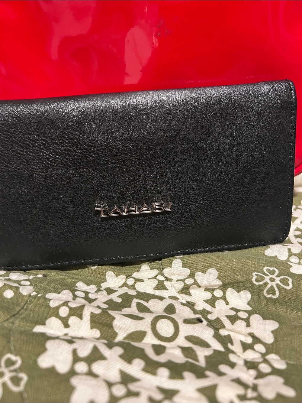 Tahari Black Leather Long Wallet with Logo Plaque